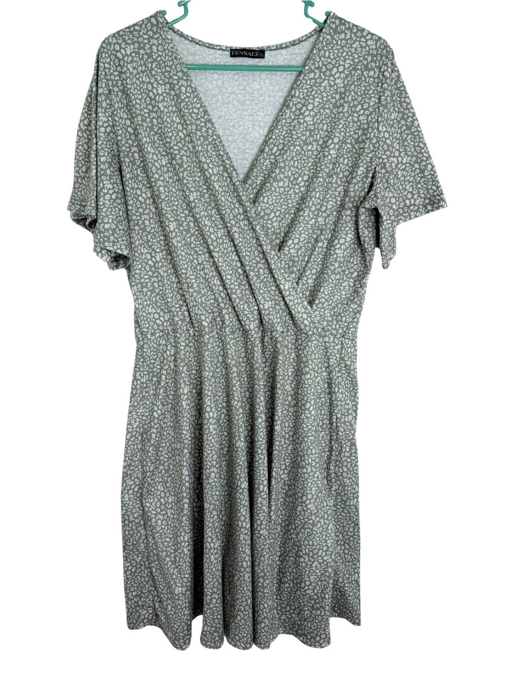 3/$20 Fensace Faux Wrap-Front Sage Green Printed Dress